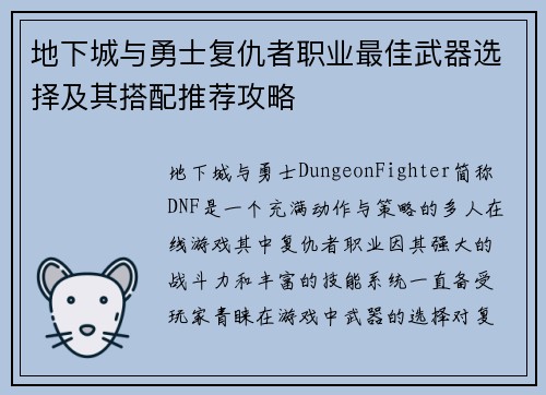 地下城与勇士复仇者职业最佳武器选择及其搭配推荐攻略